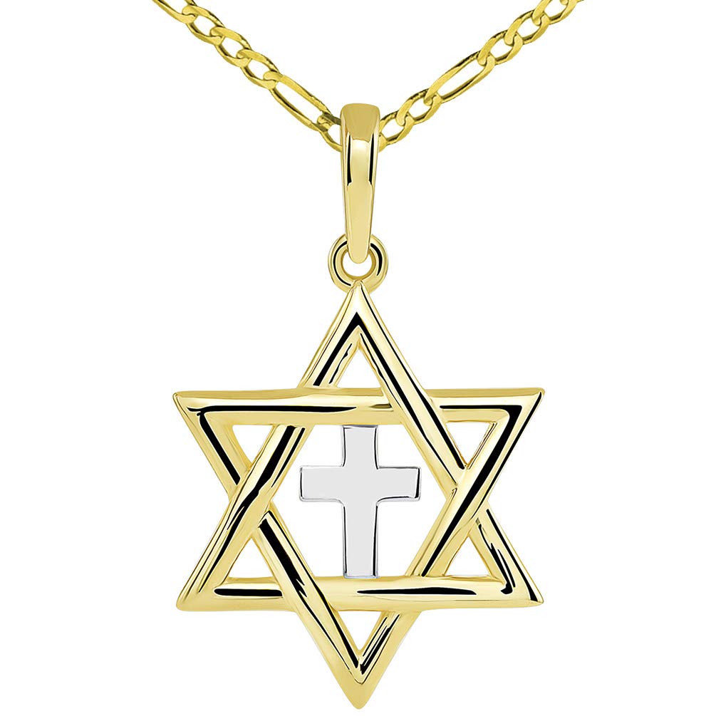 14k Yellow Gold Jewish Star of David with Religious Cross Judeo Christian Pendant Figaro Necklace