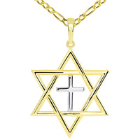 Load image into Gallery viewer, 14k Yellow Gold Medium Jewish Star of David with Religious Cross Judeo Christian Pendant Figaro Necklace
