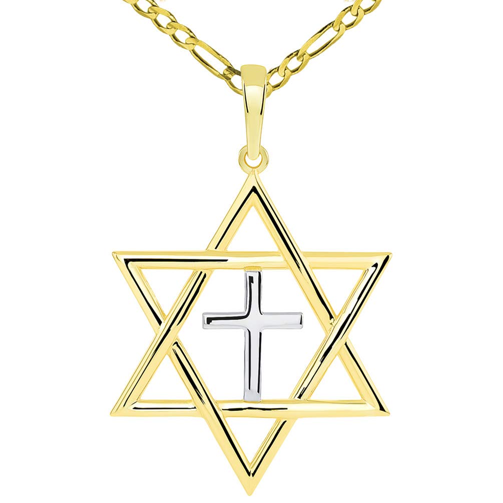 14k Yellow Gold Medium Jewish Star of David with Religious Cross Judeo Christian Pendant Figaro Necklace