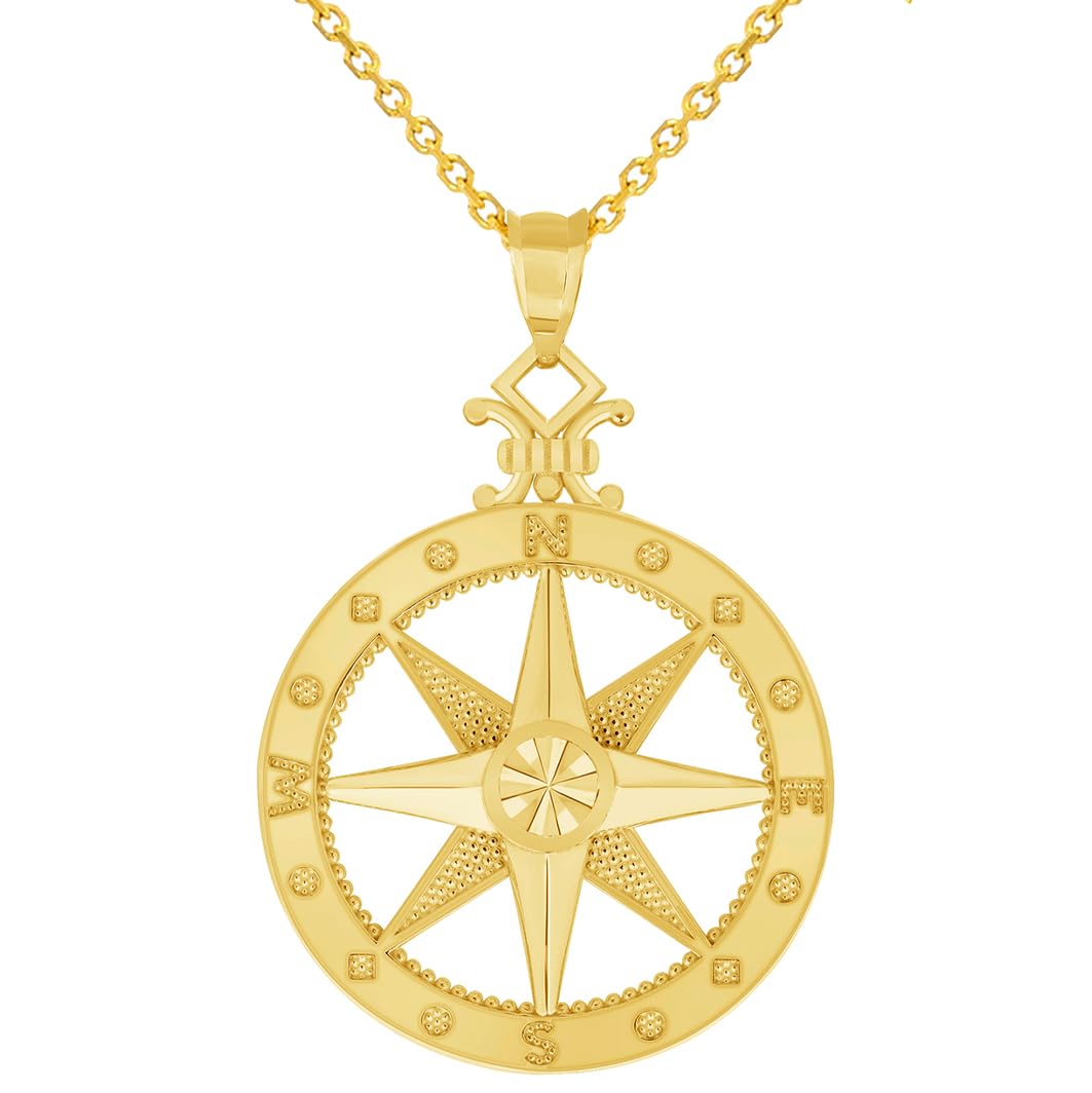14k Yellow Gold Large Compass Wind Rose Pendant with Rolo Cable, Cuban Curb, or Figaro Chain Necklace