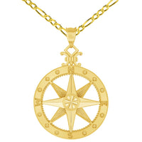 Load image into Gallery viewer, 14k Yellow Gold Large Compass Wind Rose Pendant with Rolo Cable, Cuban Curb, or Figaro Chain Necklace
