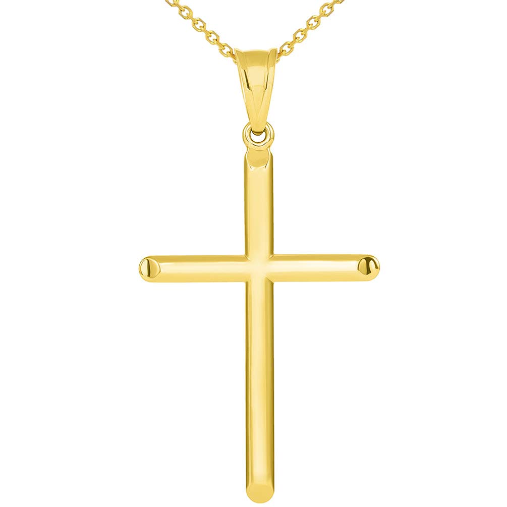 14k Yellow Gold Large Religious Tube Cross Pendant Necklace