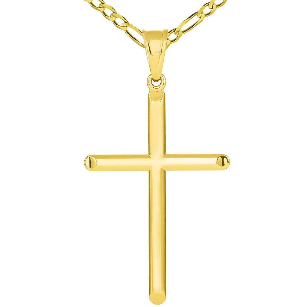 14k Yellow Gold Large Religious Tube Cross Pendant with Figaro Necklace