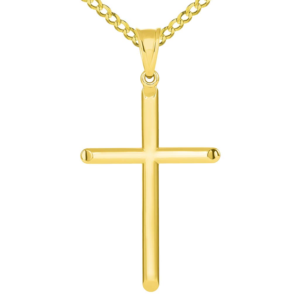 14k Yellow Gold Large Religious Tube Cross Pendant with Cuban Necklace