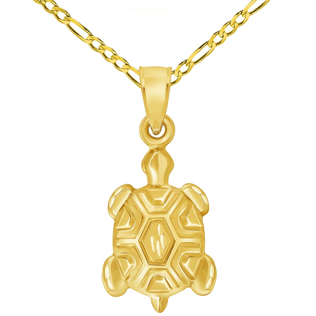 14k Yellow Gold Mini 3D Turtle Charm Pendant with Figaro Chain Necklace