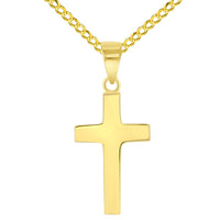 Load image into Gallery viewer, 14k Yellow Gold Mini Classic Plain Religious Cross Pendant with Cuban Curb Chain Necklace
