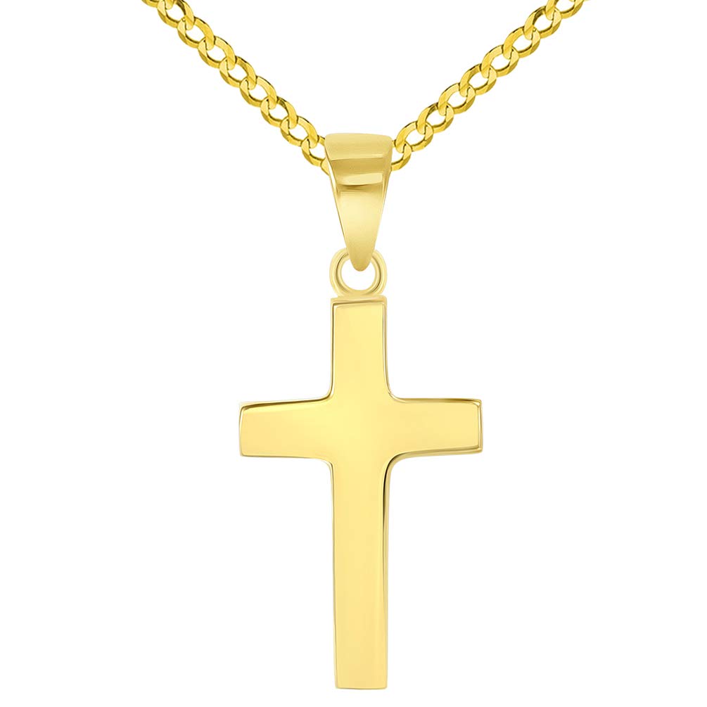 14k Yellow Gold Mini Classic Plain Religious Cross Pendant with Cuban Curb Chain Necklace