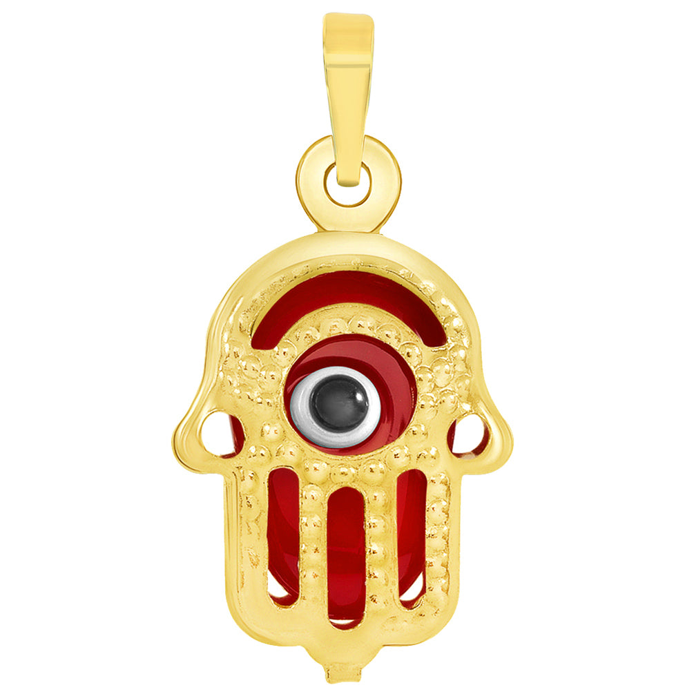 14k Yellow Gold Mini Red Evil Eye Hamsa Hand Charm Pendant