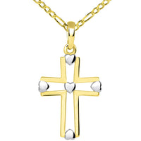 Load image into Gallery viewer, 14k Yellow Gold Two Tone Open Christian Cross Heart Pendant with Figaro Necklace
