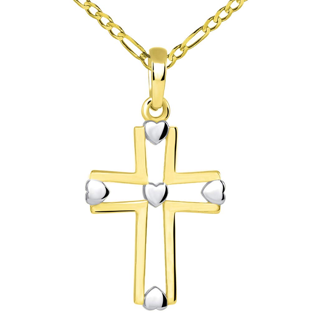 14k Yellow Gold Two Tone Open Christian Cross Heart Pendant with Figaro Necklace
