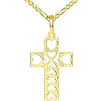 Load image into Gallery viewer, 14k Yellow Gold Open Heart Christian Cross Pendant with Figaro Necklace
