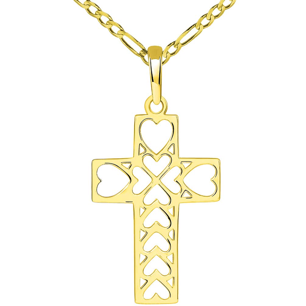 14k Yellow Gold Open Heart Christian Cross Pendant with Figaro Necklace