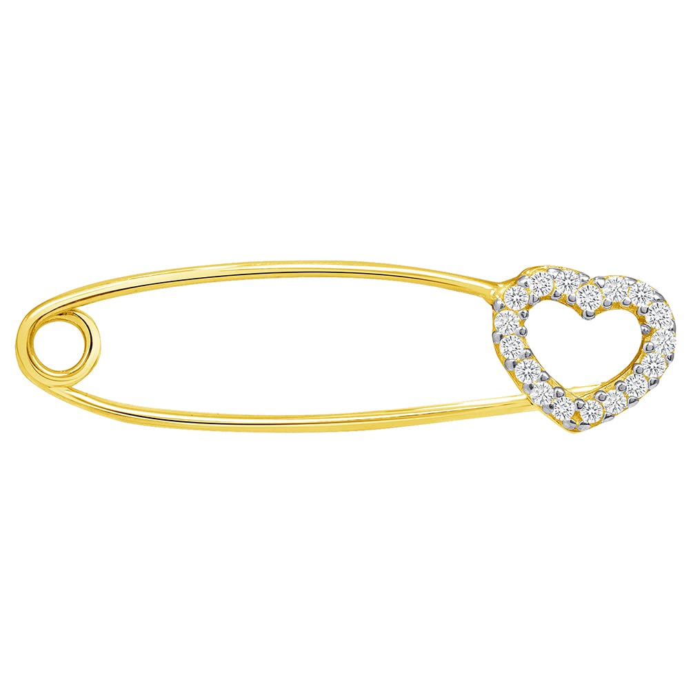 14k Yellow Gold Open Heart Pin Brooch with Cubic Zirconia