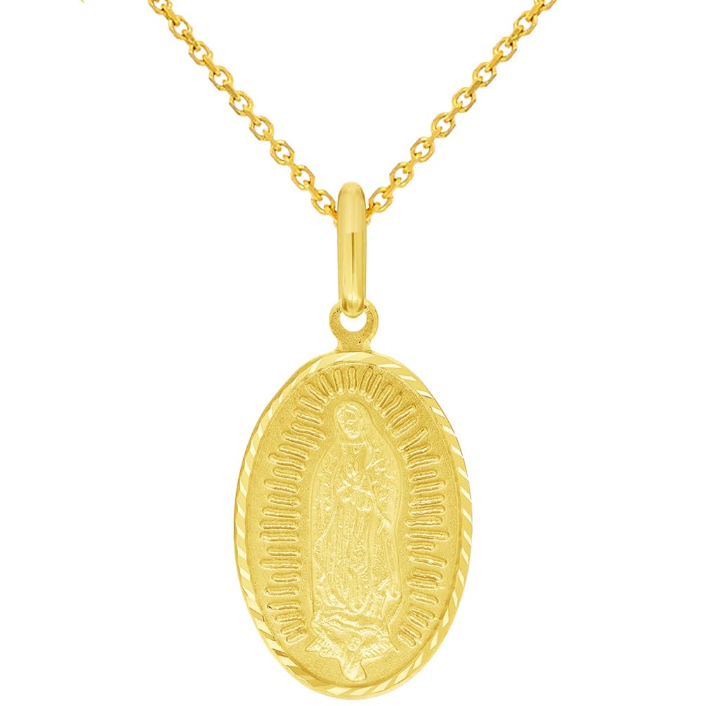 Solid 14k Yellow Gold Our Lady of Guadalupe Oval Pendant Necklace - 3 Sizes