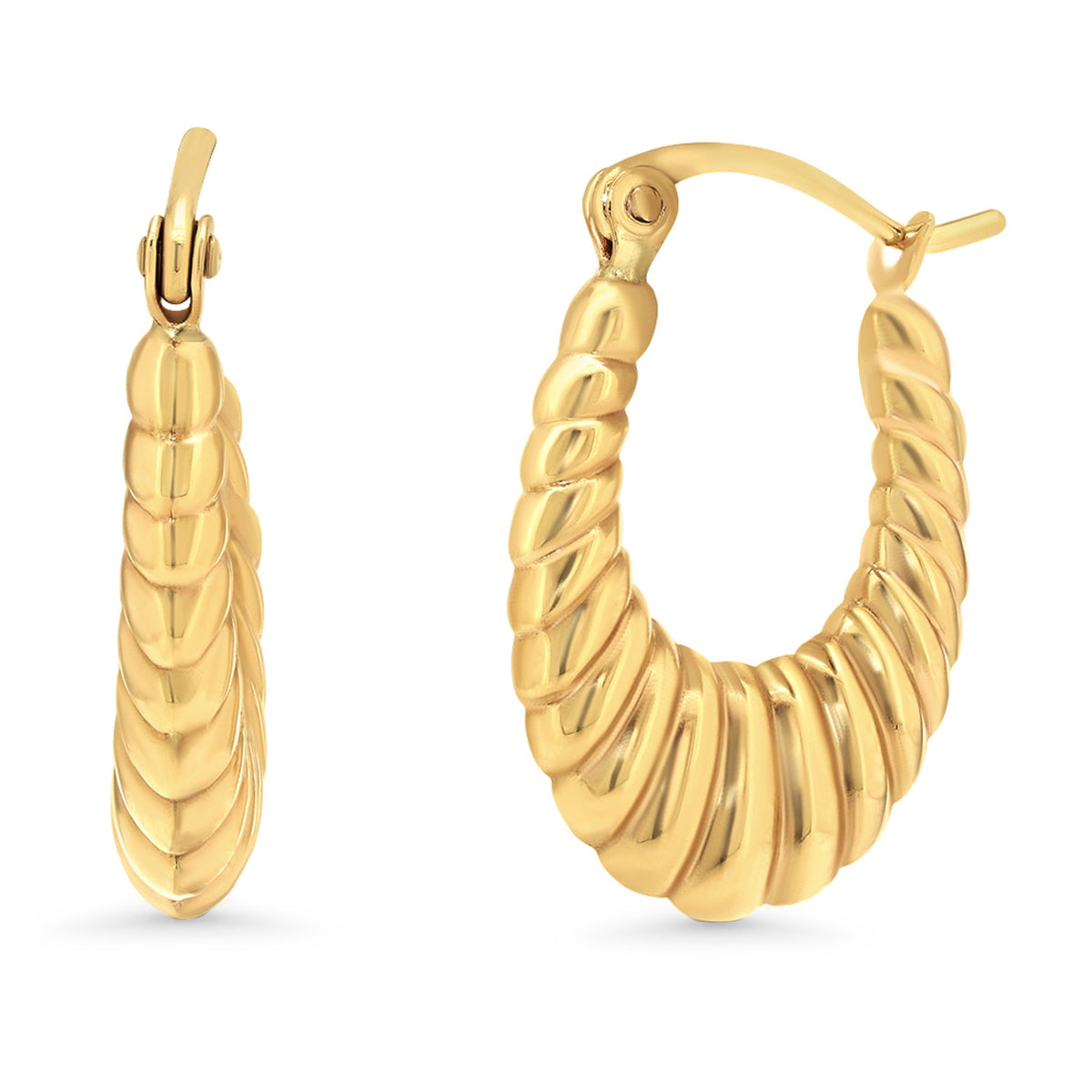 14k Yellow Gold Oval Croissant Hoop Earrings with Latch Back