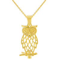 Load image into Gallery viewer, 14k Yellow Gold Owl On Branch Charm Pendant with Rolo Cable, Cuban Curb, or Figaro Chain Necklace
