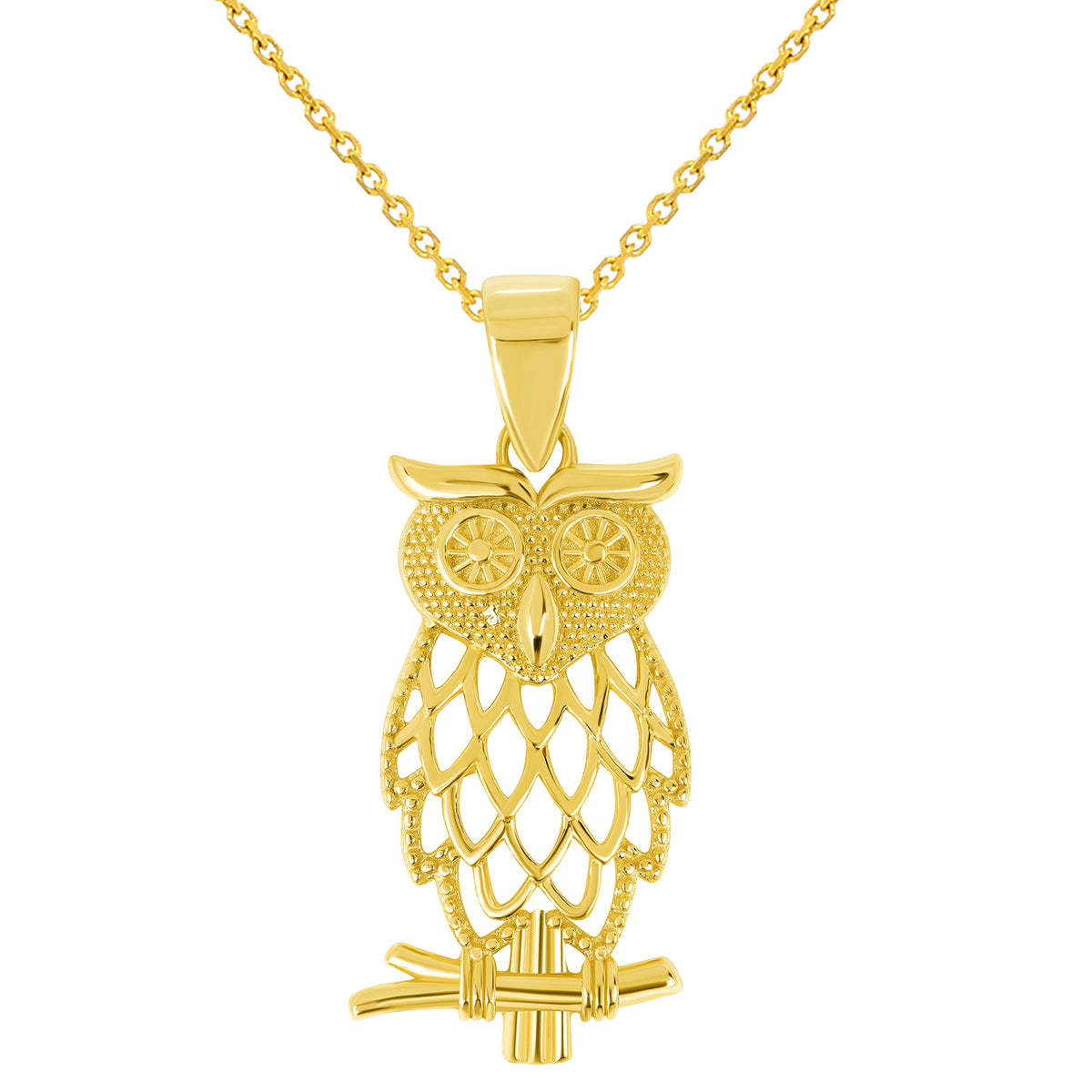 14k Yellow Gold Owl On Branch Charm Pendant with Rolo Cable, Cuban Curb, or Figaro Chain Necklace