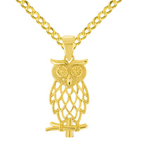 Load image into Gallery viewer, 14k Yellow Gold Owl On Branch Charm Pendant with Rolo Cable, Cuban Curb, or Figaro Chain Necklace
