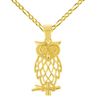 Load image into Gallery viewer, 14k Yellow Gold Owl On Branch Charm Pendant with Rolo Cable, Cuban Curb, or Figaro Chain Necklace
