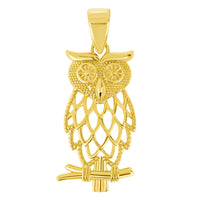 Load image into Gallery viewer, 14k Yellow Gold Owl On Branch Charm Pendant with Rolo Cable, Cuban Curb, or Figaro Chain Necklace
