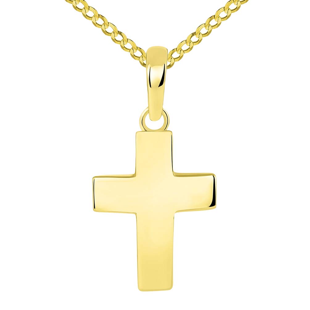 Solid 14k Yellow Gold Plain Mini Cross Charm Pendant with Cuban Necklace