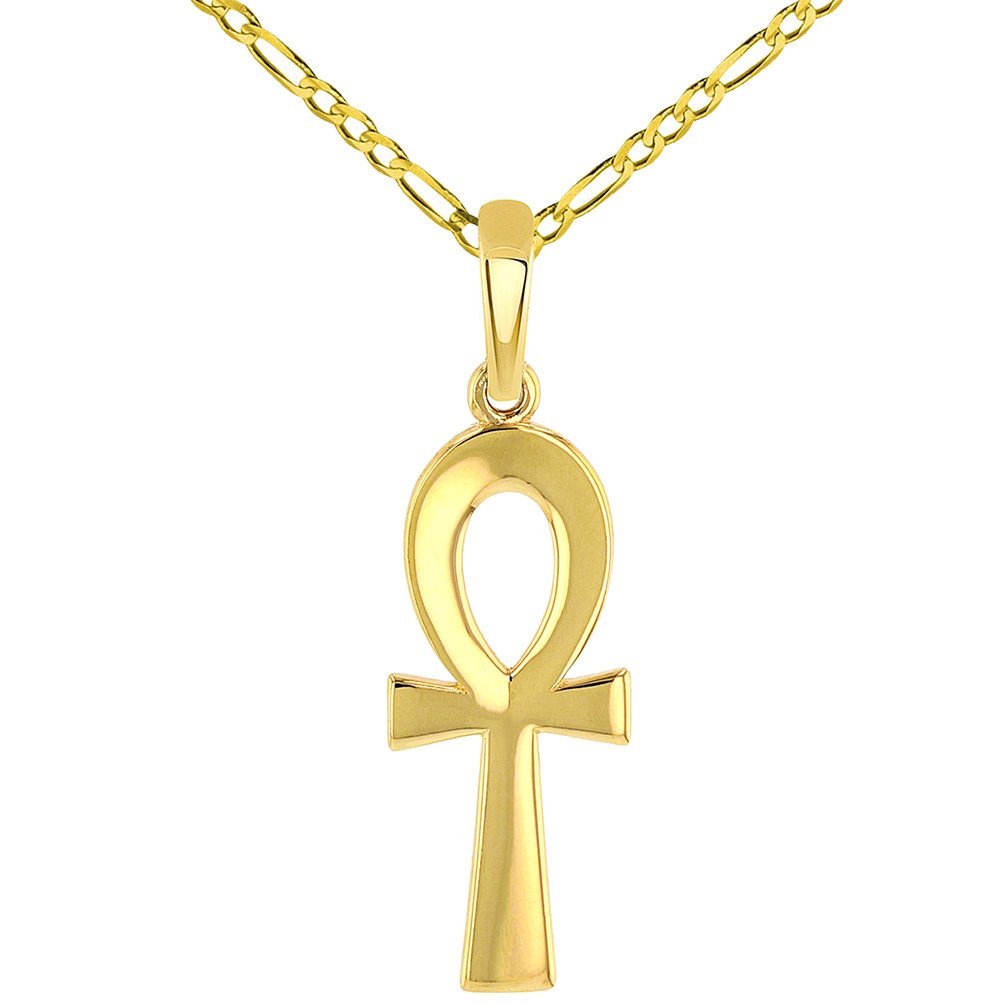 Solid 14k Yellow Gold Plain and Simple Egyptian Ankh Cross Pendant with Figaro Chain Necklace
