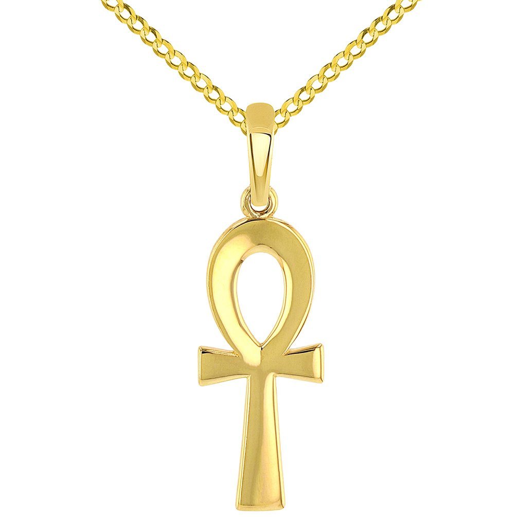 Solid 14k Yellow Gold Plain and Simple Egyptian Ankh Cross Pendant with Cuban Chain Necklace