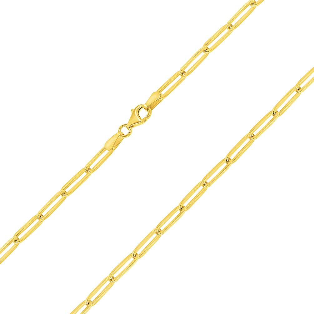 14k Yellow Gold Polished 3.5mm Paperclip Chain Link Necklace with Lobster Clasp
