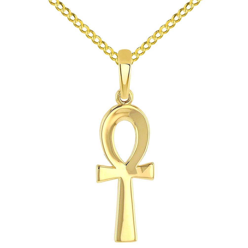 Solid 14k Yellow Gold Polished Egyptian Ankh Cross Charm Pendant with Cuban Chain Necklace
