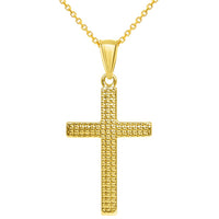 Load image into Gallery viewer, 14k Yellow Gold Polished and Textured Religious Cross Pendant with Rolo Cable, Cuban Curb, or Figaro Chain Necklaces
