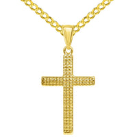 Load image into Gallery viewer, 14k Yellow Gold Polished and Textured Religious Cross Pendant with Rolo Cable, Cuban Curb, or Figaro Chain Necklaces
