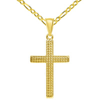Load image into Gallery viewer, 14k Yellow Gold Polished and Textured Religious Cross Pendant with Rolo Cable, Cuban Curb, or Figaro Chain Necklaces
