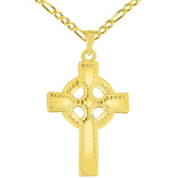 Load image into Gallery viewer, Solid 14k Yellow Gold Religious Celtic Cross Pendant with Figaro Chain Necklace
