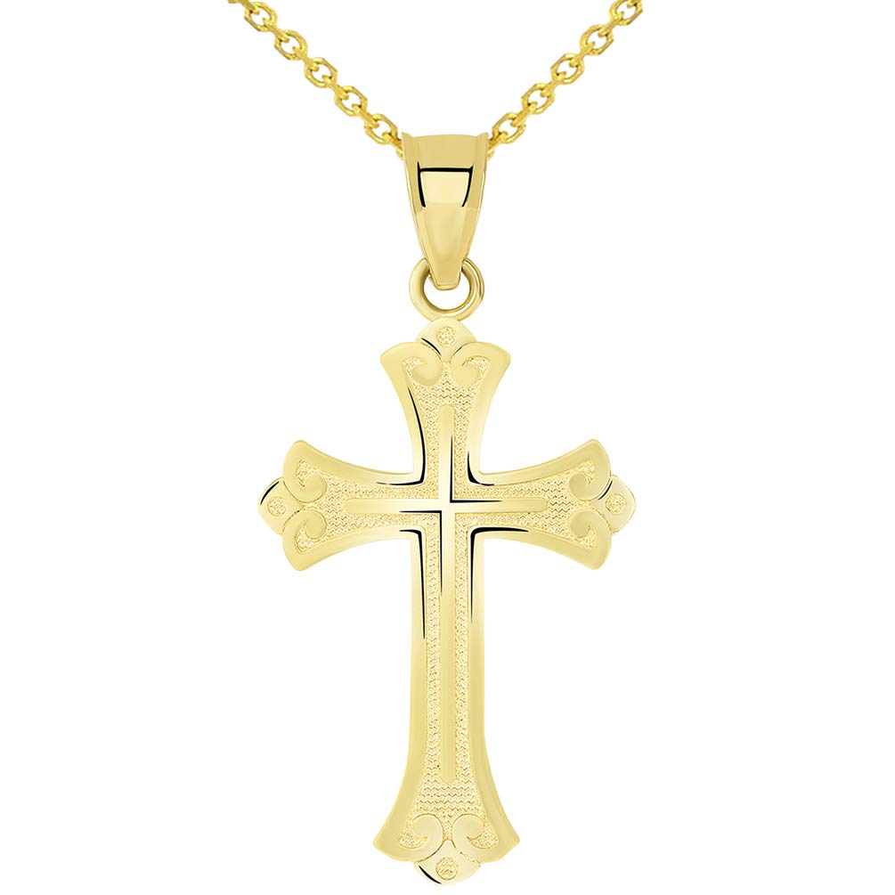 14k Solid Yellow Gold Religious Fleur de Lis Cross Pendant Necklace