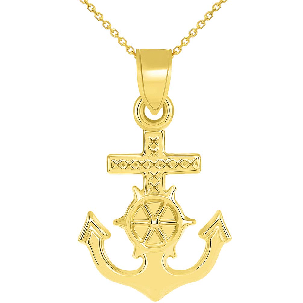 14k Yellow Gold Religious Nautical 3D Mariner's Cross Pendant Necklace