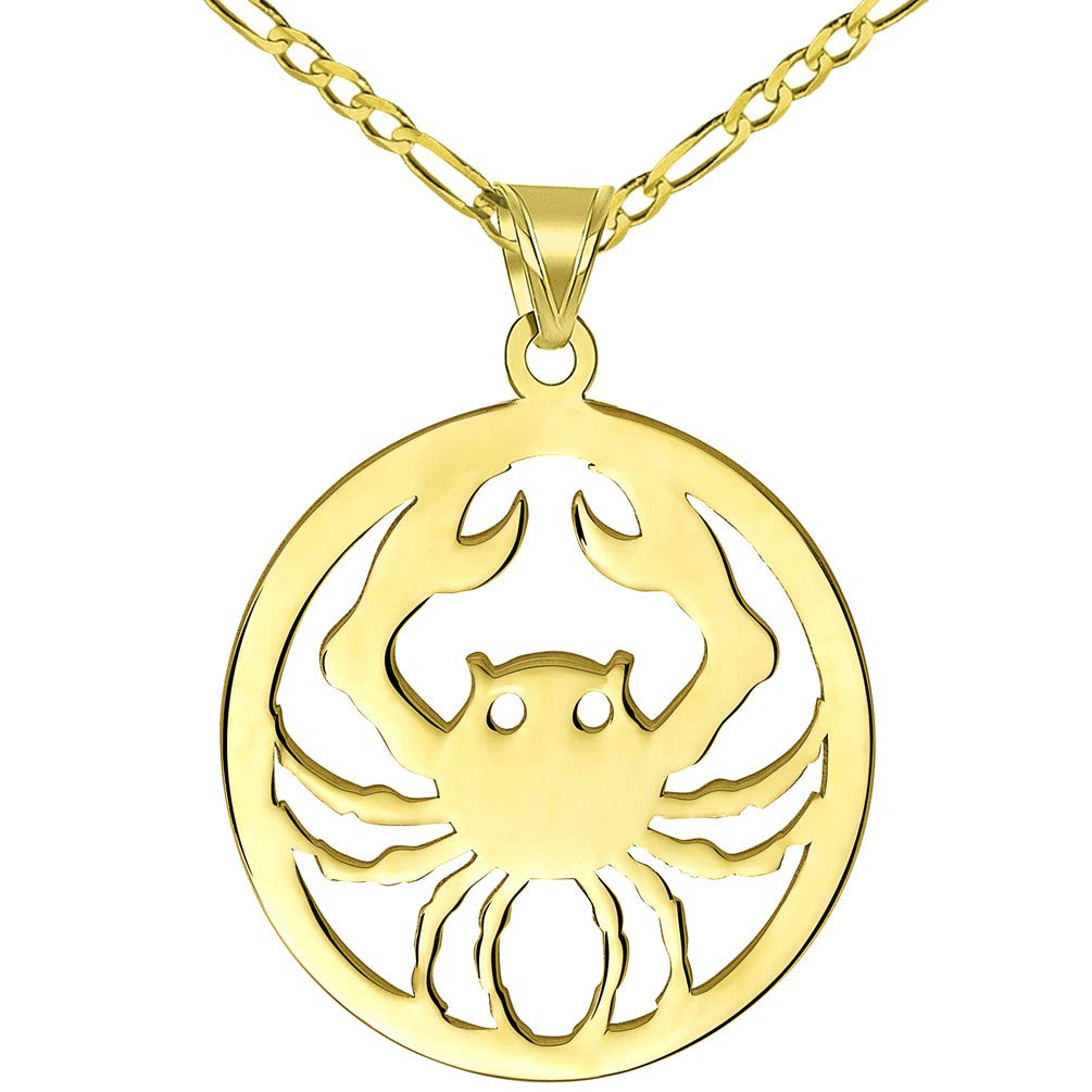 Solid 14k Yellow Gold Round Cancer Zodiac Sign Crab Disc Pendant with Figaro Chain Necklace