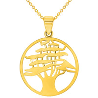 Load image into Gallery viewer, 14k Yellow Gold Round Cedar Tree Medallion Pendant with Rolo Cable, Cuban Curb, or Figaro Chain Necklace
