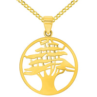 Load image into Gallery viewer, 14k Yellow Gold Round Cedar Tree Medallion Pendant with Rolo Cable, Cuban Curb, or Figaro Chain Necklace
