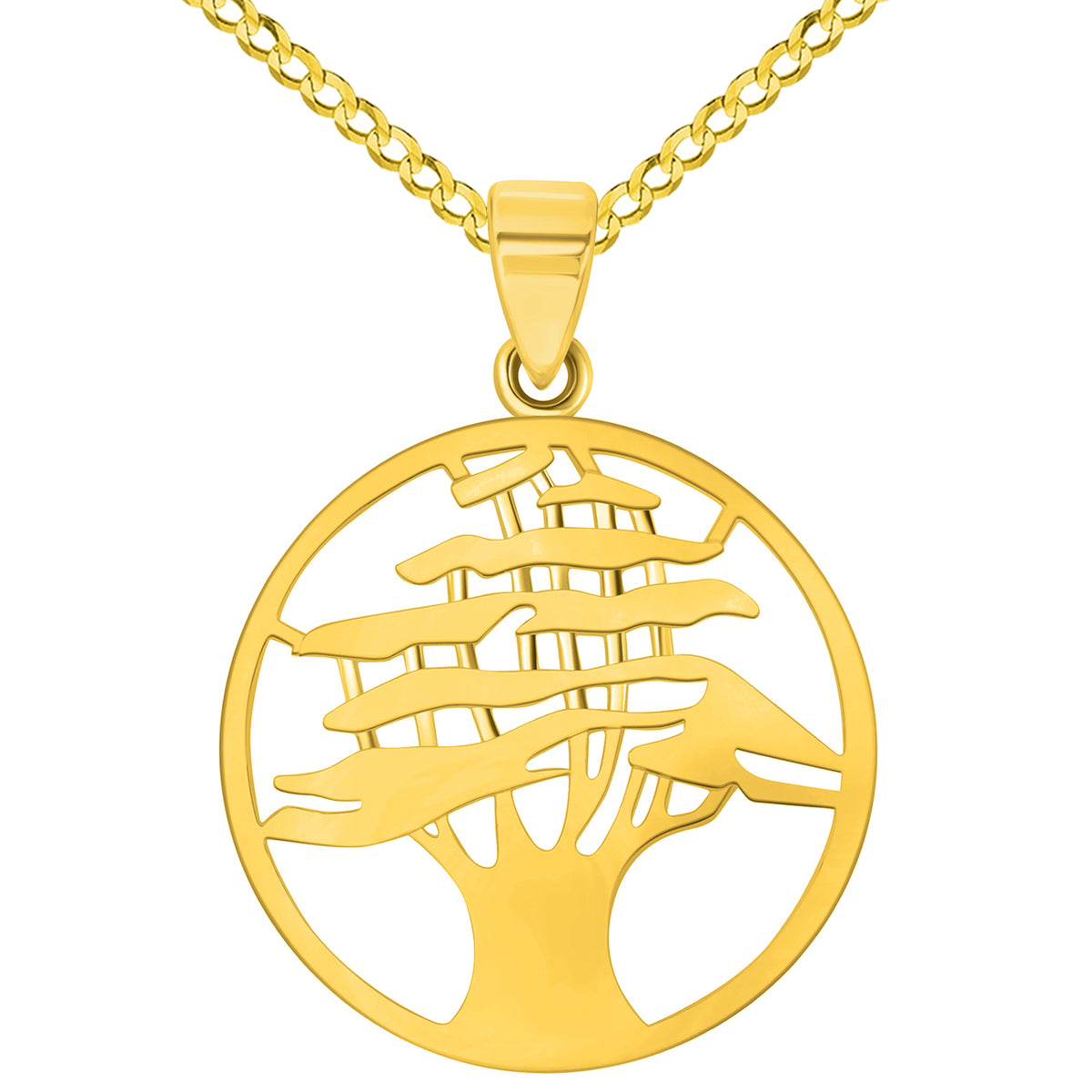 14k Yellow Gold Round Cedar Tree Medallion Pendant with Rolo Cable, Cuban Curb, or Figaro Chain Necklace