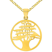 Load image into Gallery viewer, 14k Yellow Gold Round Cedar Tree Medallion Pendant with Rolo Cable, Cuban Curb, or Figaro Chain Necklace
