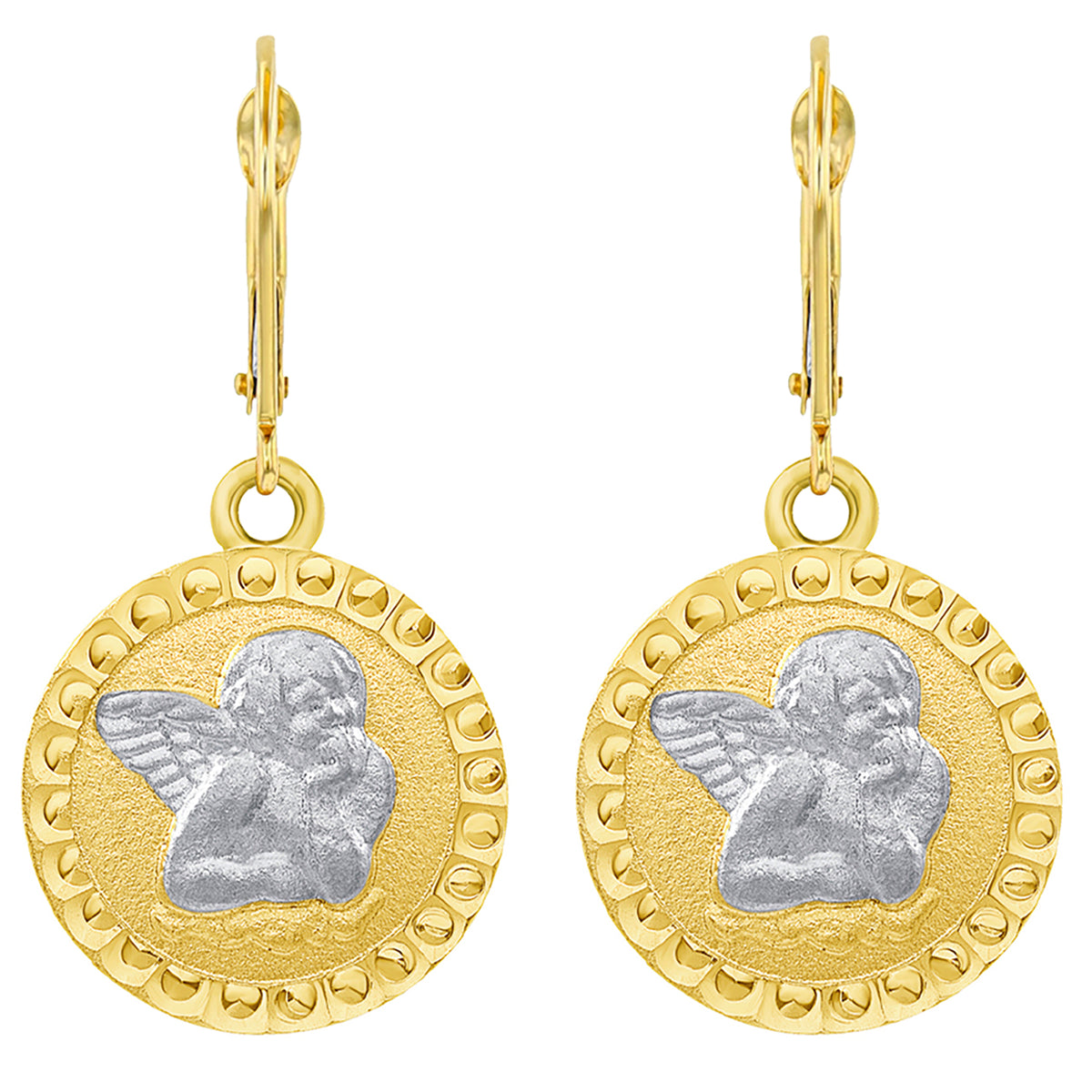 14k Yellow Gold Round Guardian Angel Dangle Drop Earrings with Leverback
