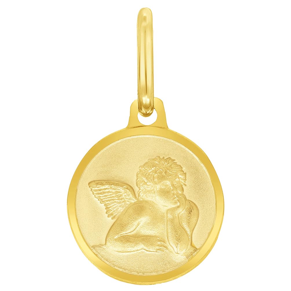 Solid 14k Yellow Gold Round Guardian Angel Medal Charm Pendant - 3 Sizes