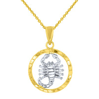 Load image into Gallery viewer, Textured 14k Yellow Gold Round Scorpion Charm Scorpio Zodiac Pendant Necklace
