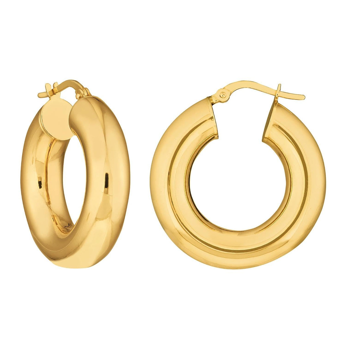 High Polished 14k Yellow Gold Round Thick Hoop Earrings with Latch Back, 7mm Wide