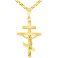Load image into Gallery viewer, High Polish 14k Yellow Gold Russian Orthodox Cross Crucifix Pendant with Cuban Curb Chain Necklace
