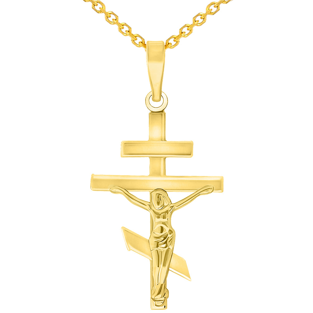 High Polish 14k Yellow Gold Russian Orthodox Cross Crucifix Pendant Necklace