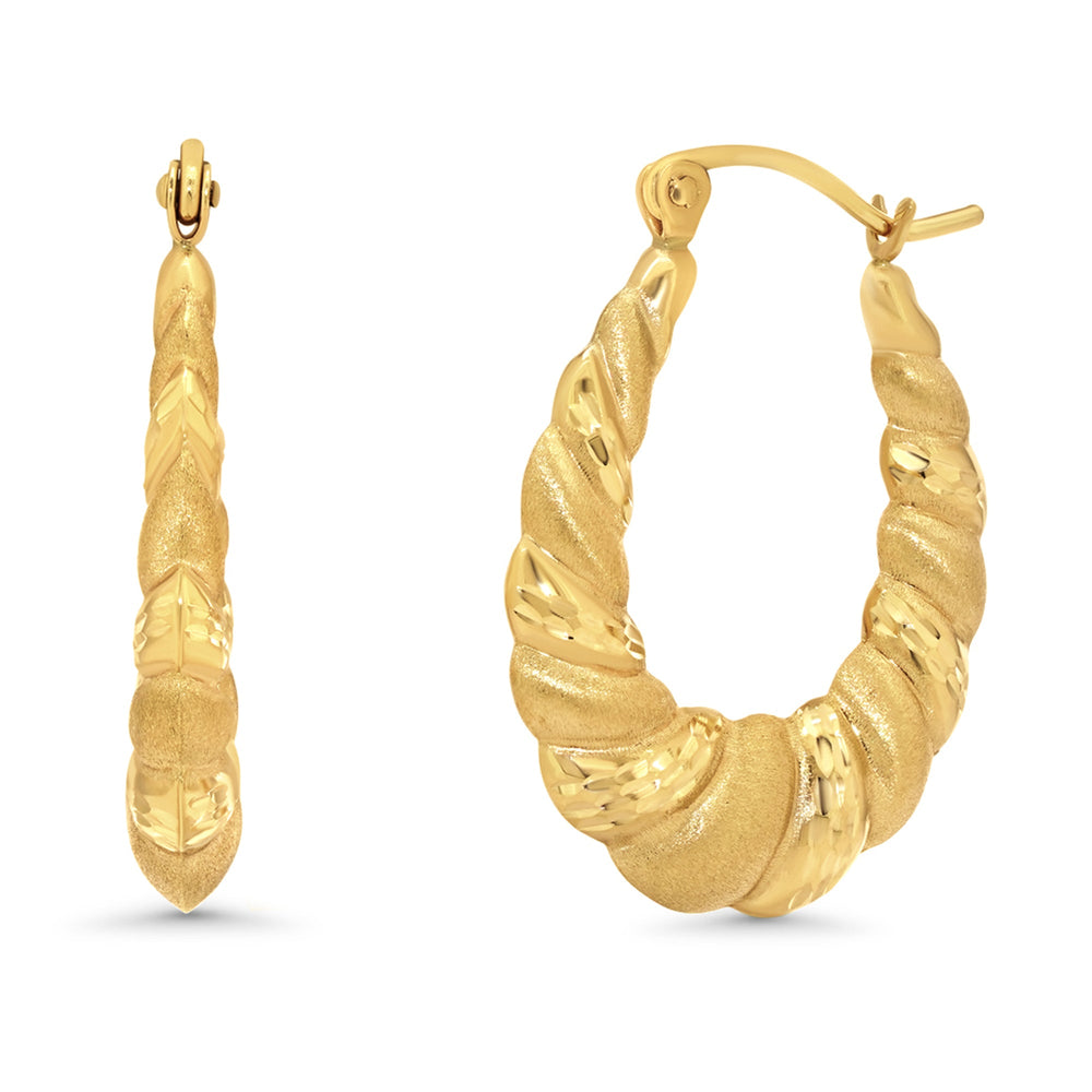 14k Yellow Gold Satin Textured Oval Croissant Hoop Earrings