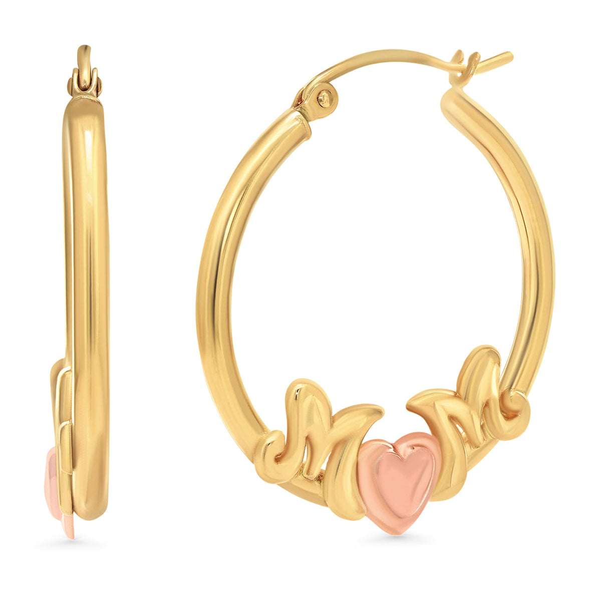 14k Yellow Gold Scripted Mom Hoop Earrings with Latch Back