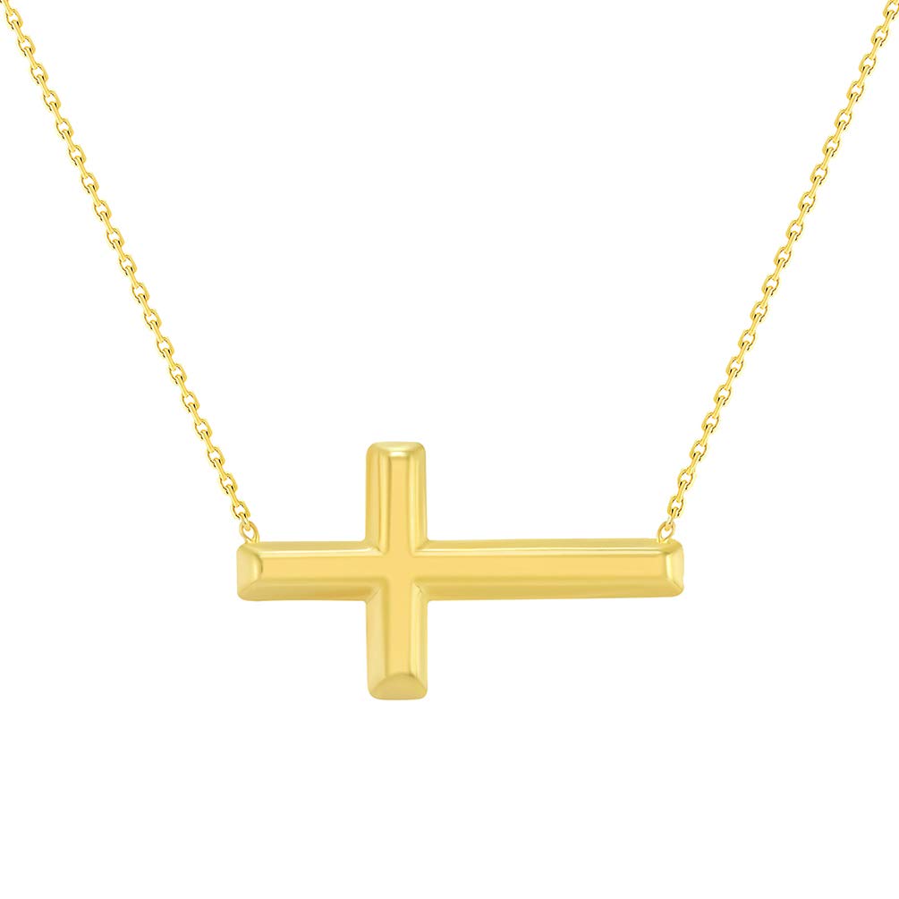 14k Yellow Gold Sideways Religious Plain Cross Necklace with Lobster Claw Clasp (16" to 18" Adjustable Chain)