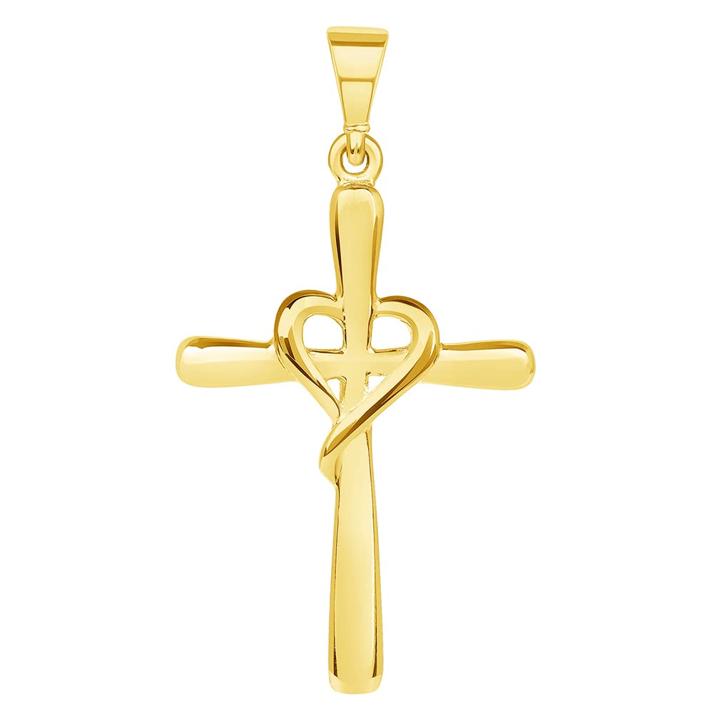 14k Yellow Gold Simple Religious Cross with Heart Pendant